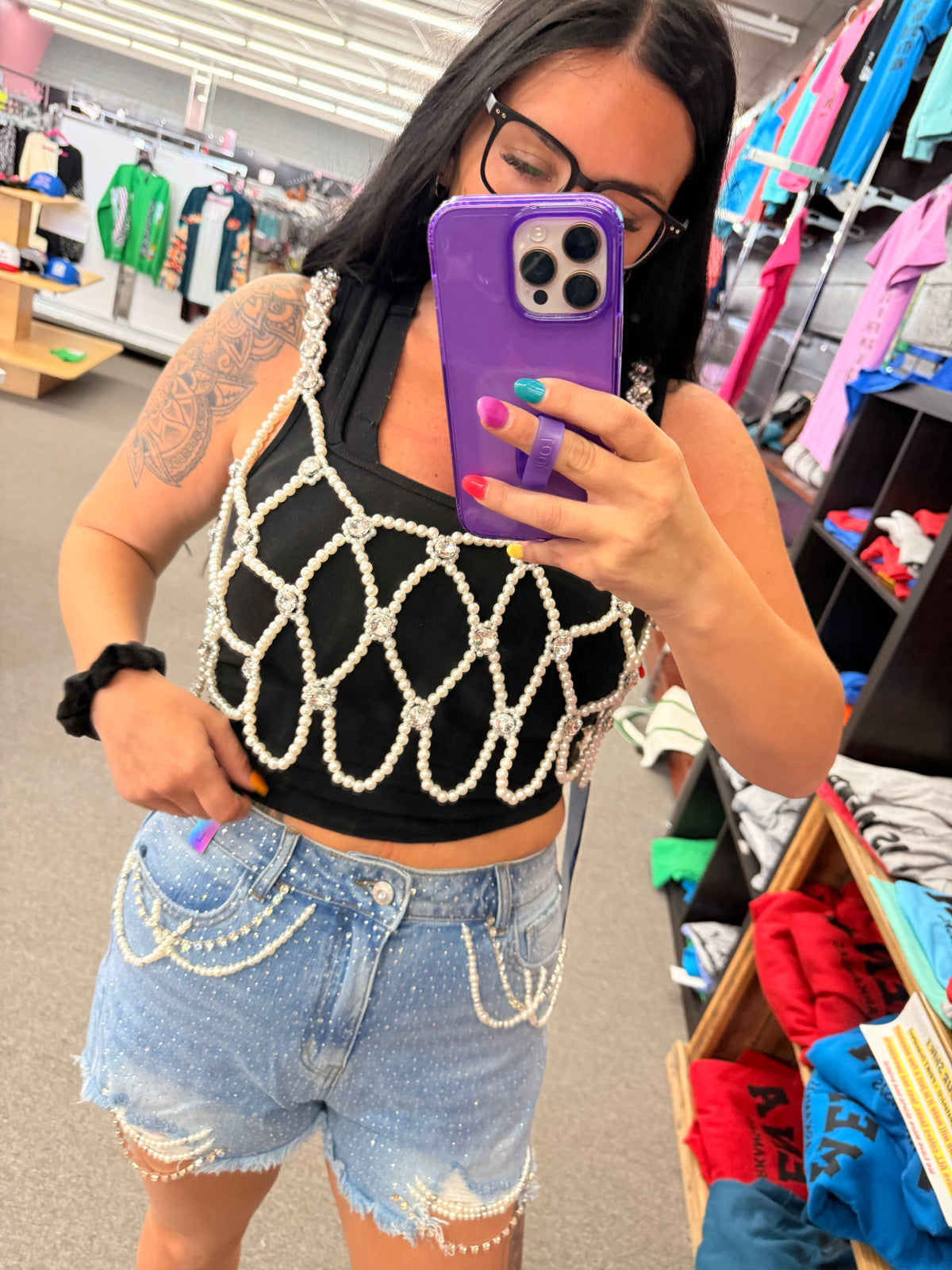 Pearl Rhinestone Overlay Top