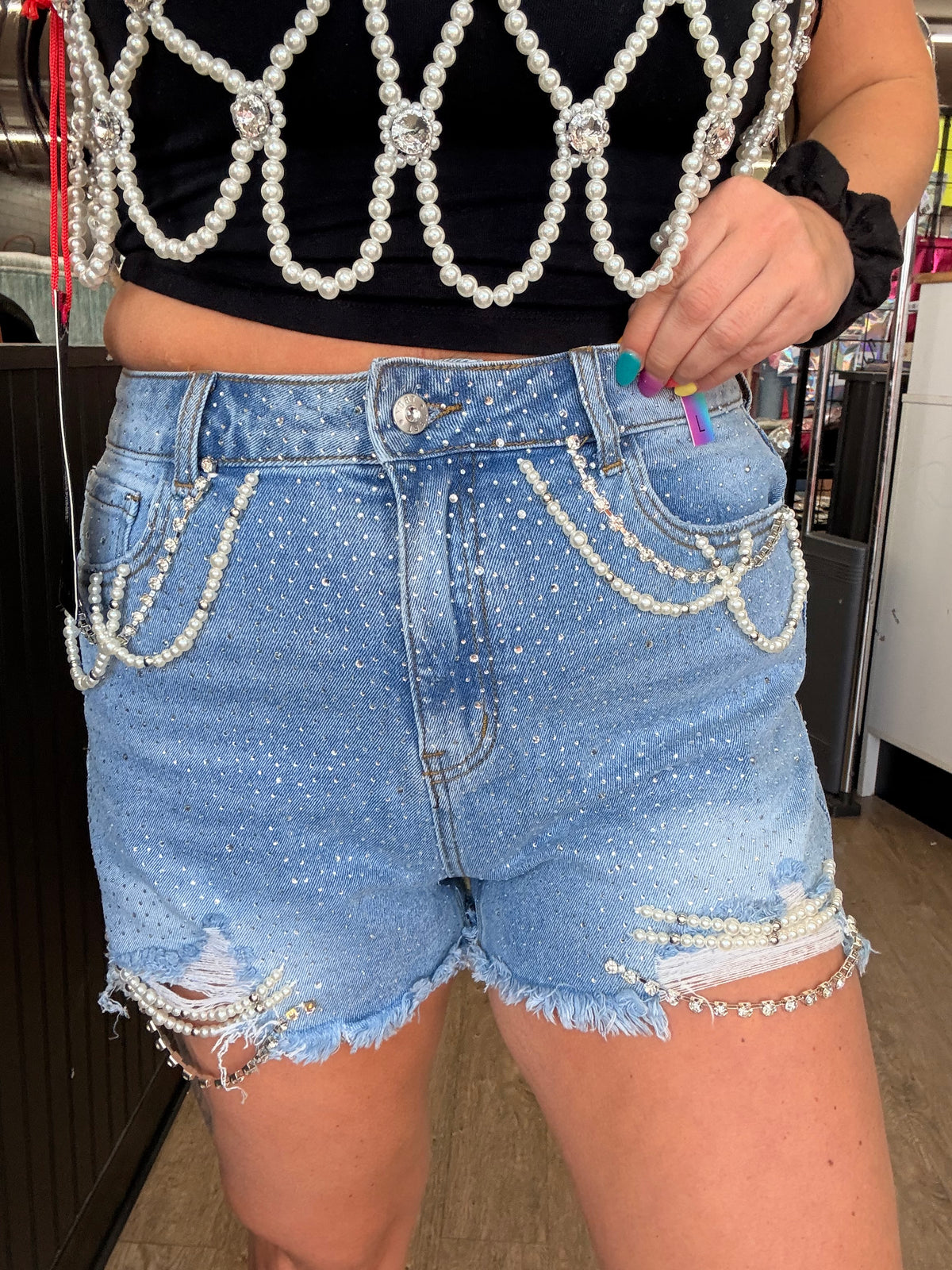 Lexi Vibes Pearl Rhinestone denim shorts