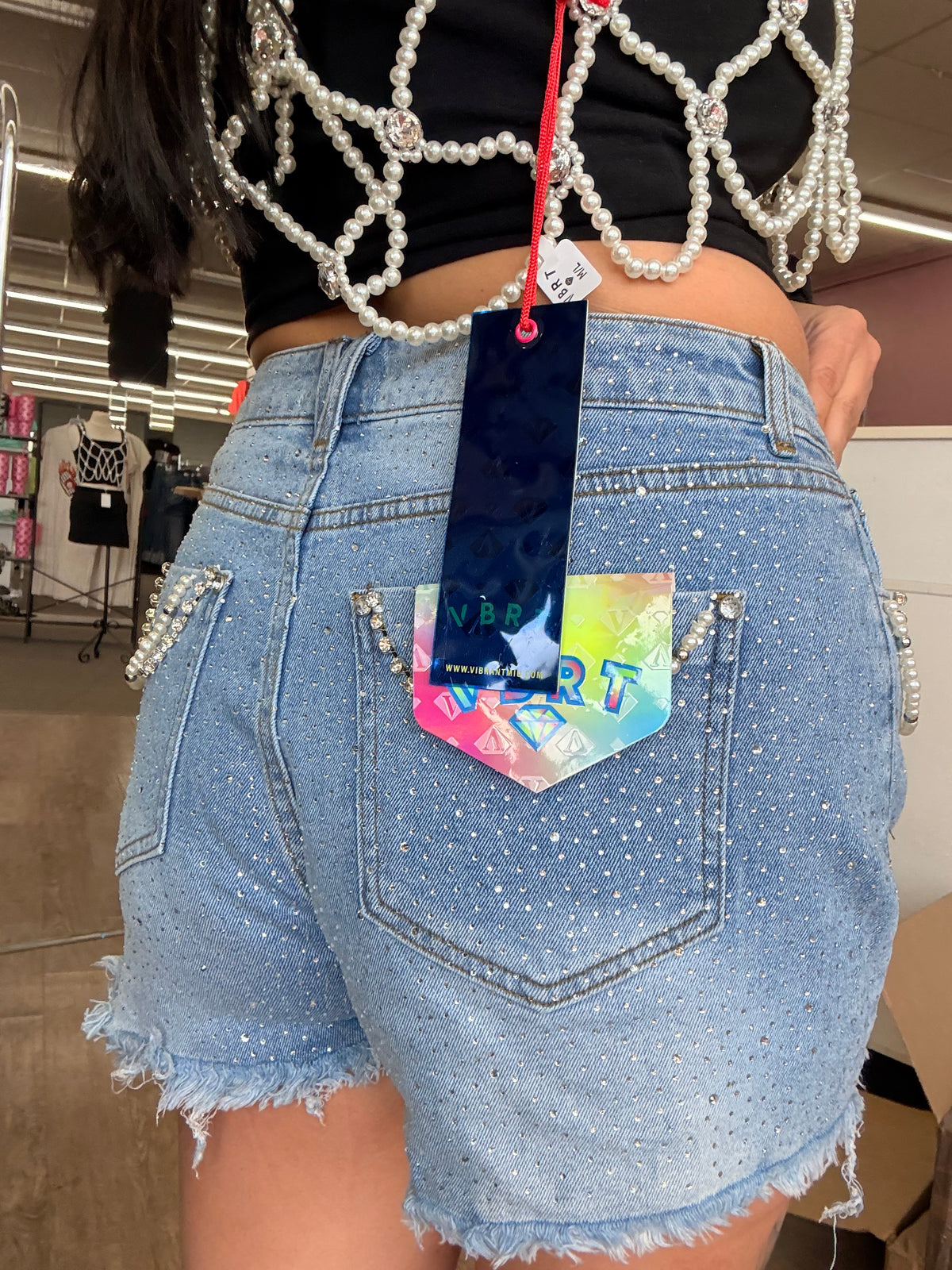 Lexi Vibes Pearl Rhinestone denim shorts
