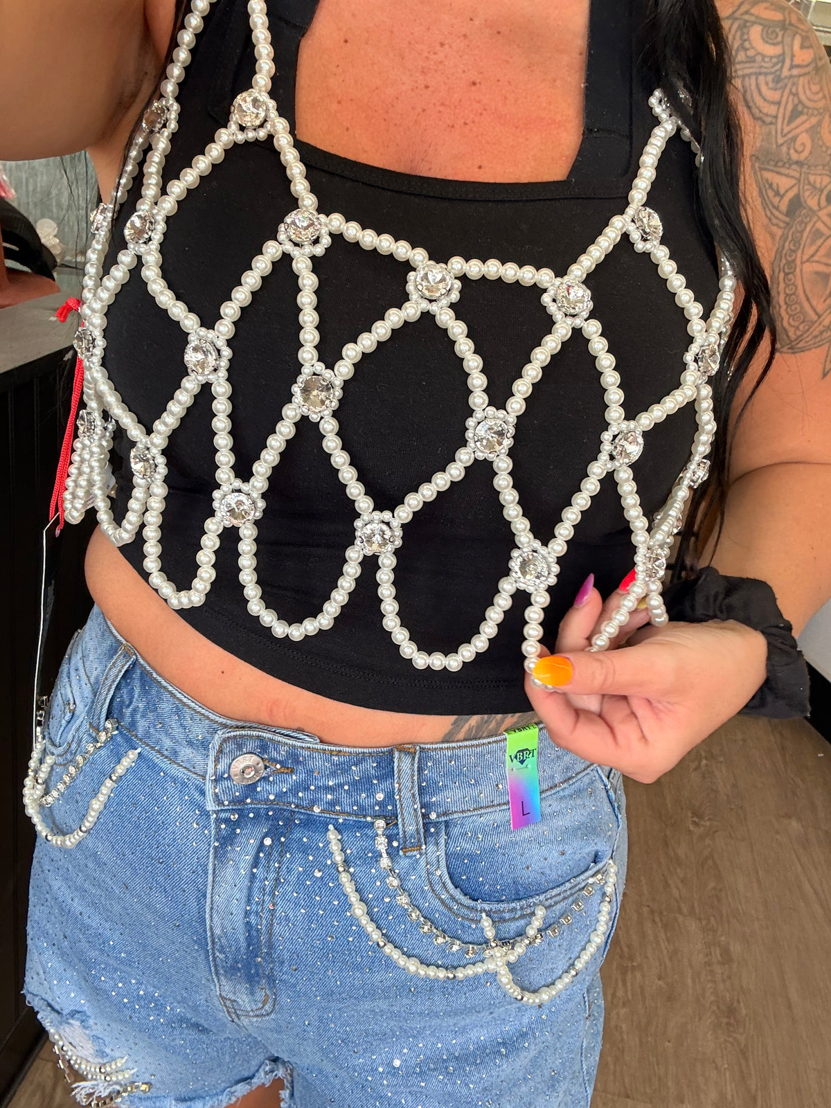 Pearl Rhinestone Overlay Top