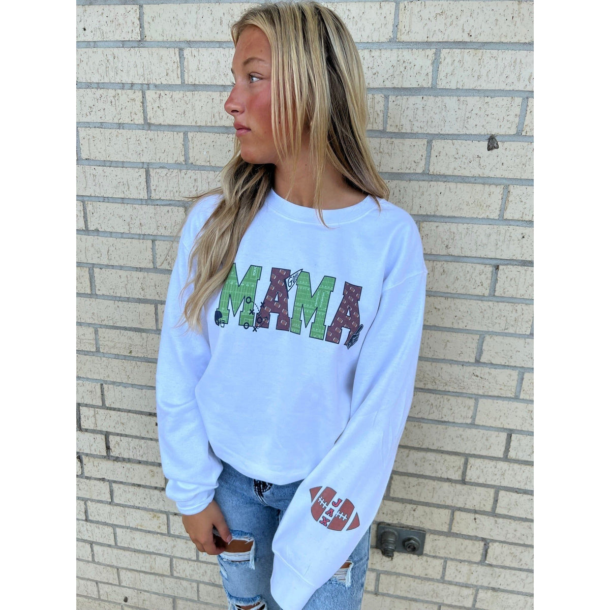 Mama Football with Football Sleeve Custom tee or sweatshirt