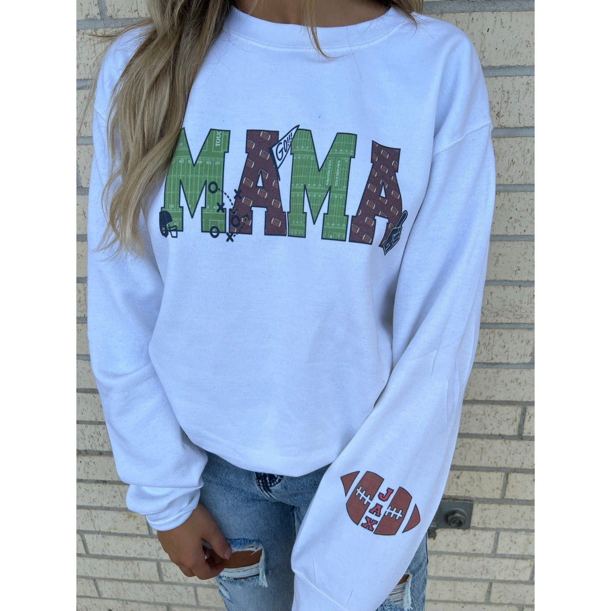 Mama Football with Football Sleeve Custom tee or sweatshirt