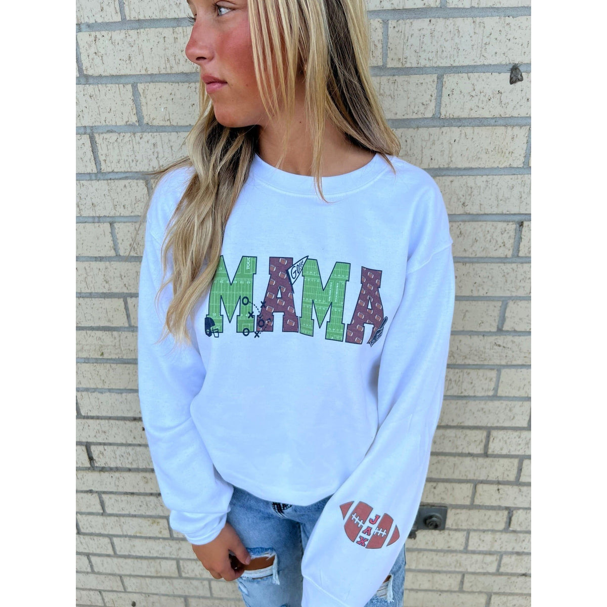 Mama Football with Football Sleeve Custom tee or sweatshirt