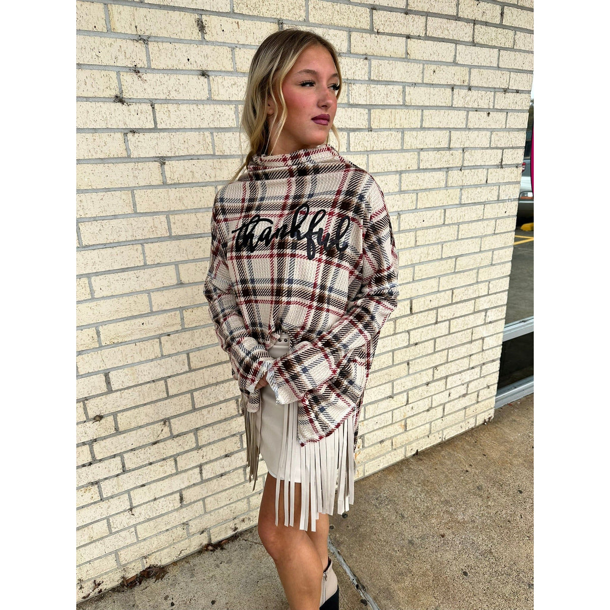 Thankful Glitter Turtle Neck Plaid Top