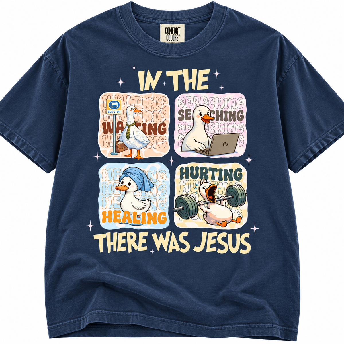 in the waiting goose there was Jesus Christian tee or sweatshirt