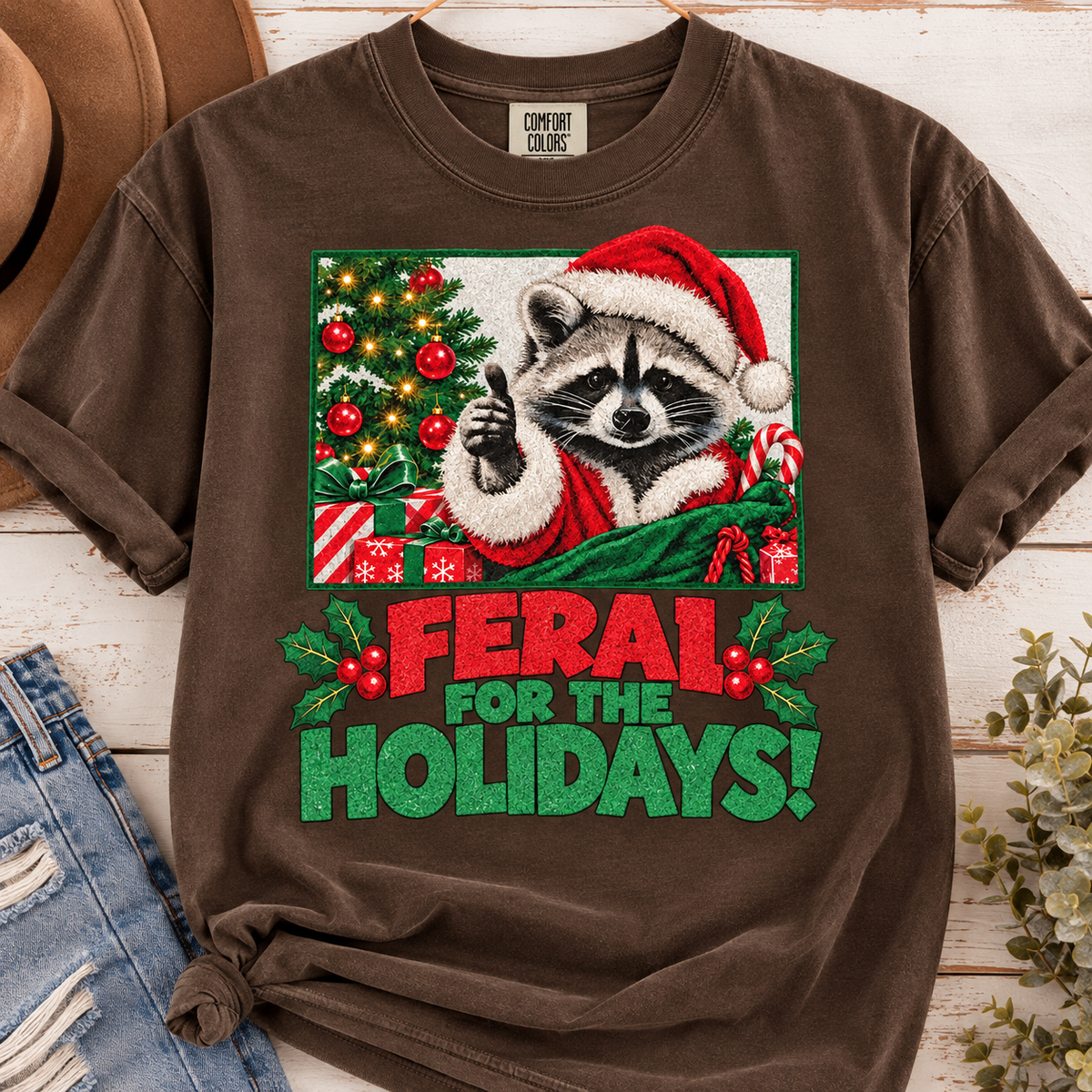 feral for the holidays racoon tee or sweatshirt