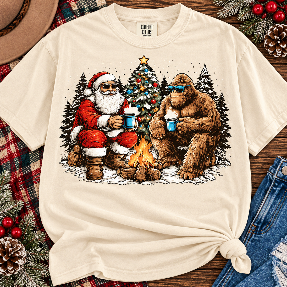 big foot and santa christmas tee or sweatshirt