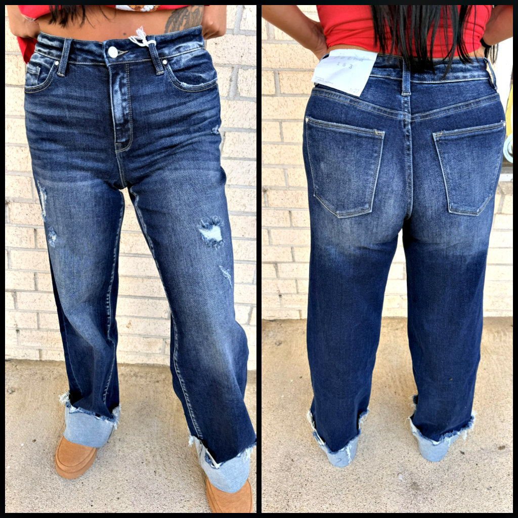 High Rise Stretch Wide Leg w/ Cuffed Hem Jeans