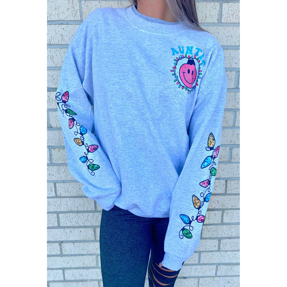 Aunt or Mama ( or custom) Christmas Light Sleeve Smiley Sweatshirt or long sleeve