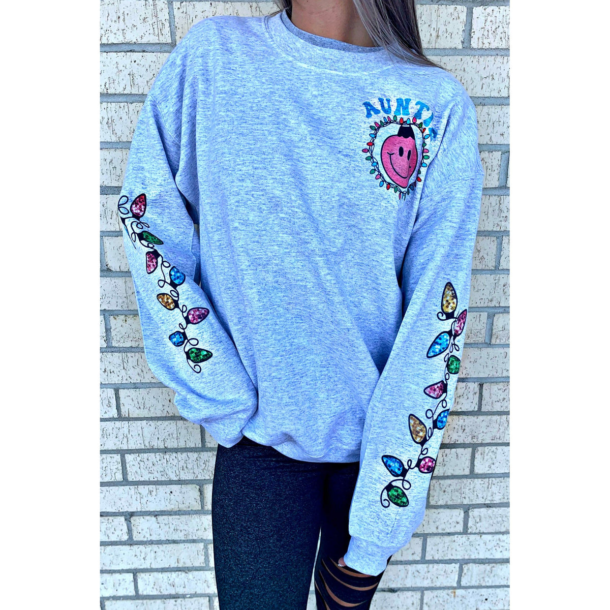 Aunt or Mama ( or custom) Christmas Light Sleeve Smiley Sweatshirt or long sleeve