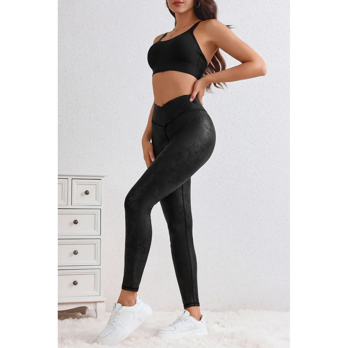 Black Crossed Dip Waist Sleek Leather Leggings