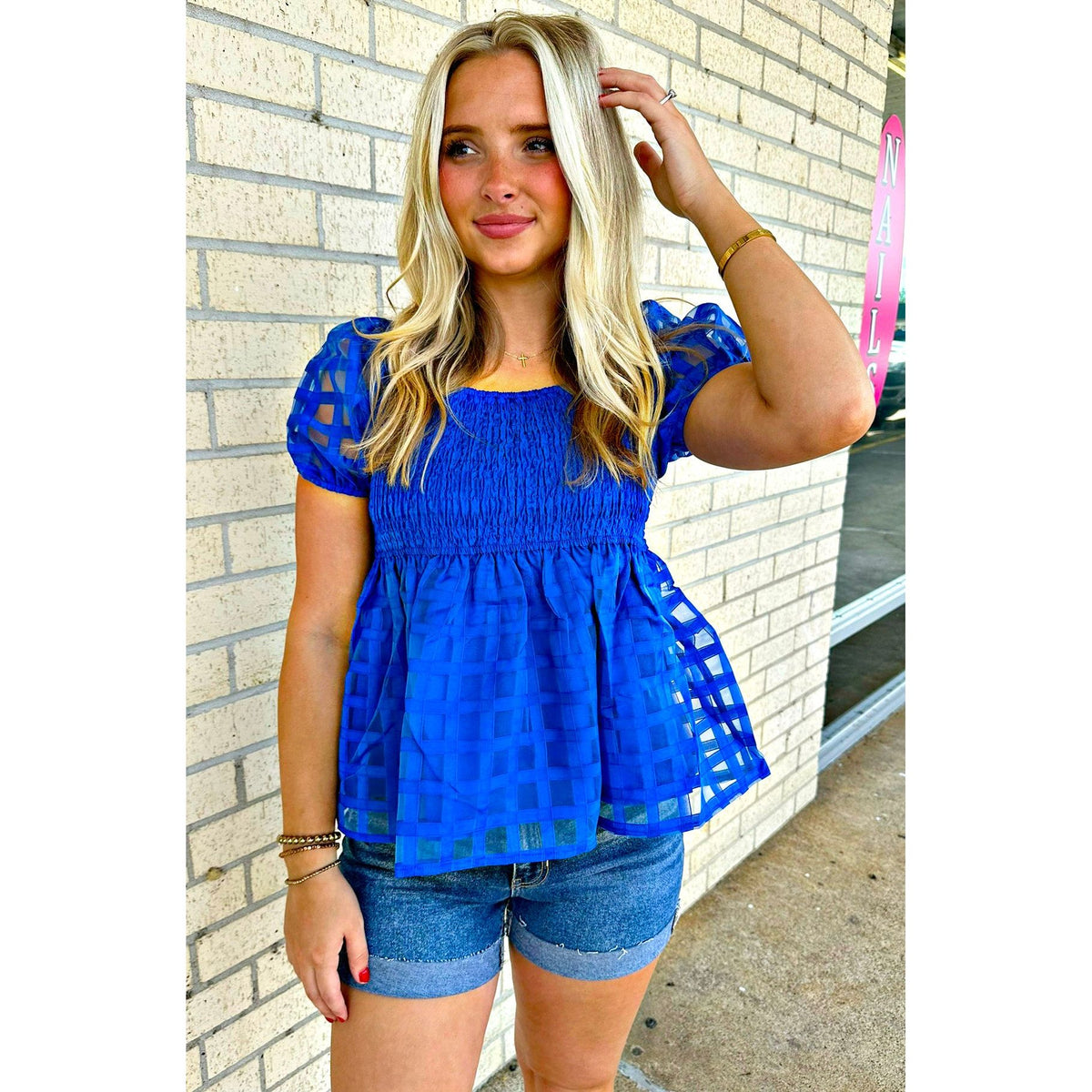 Blue smocked top (on or off the shoulder)