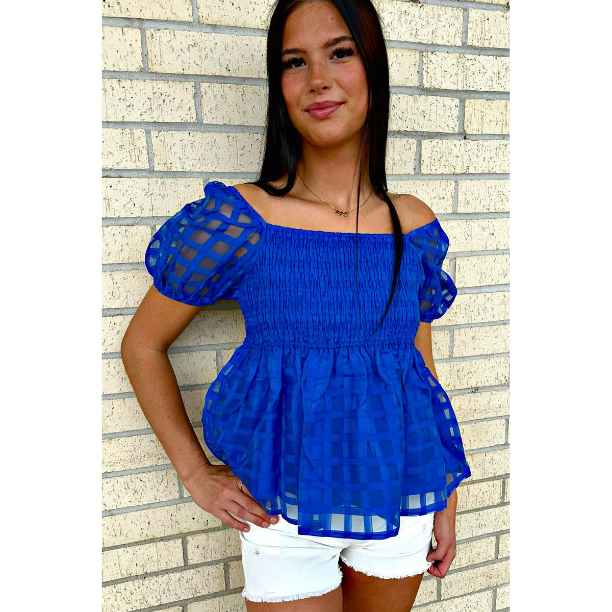 Blue smocked top (on or off the shoulder)