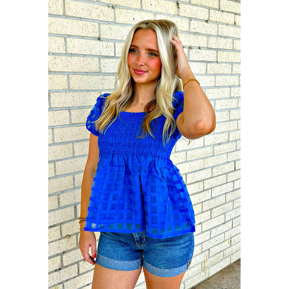 Blue smocked top (on or off the shoulder)