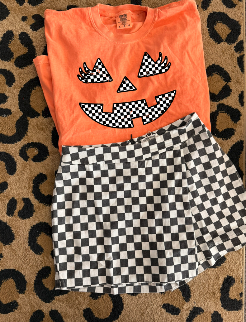 Checkered pumpkin face tee or sweatshirt