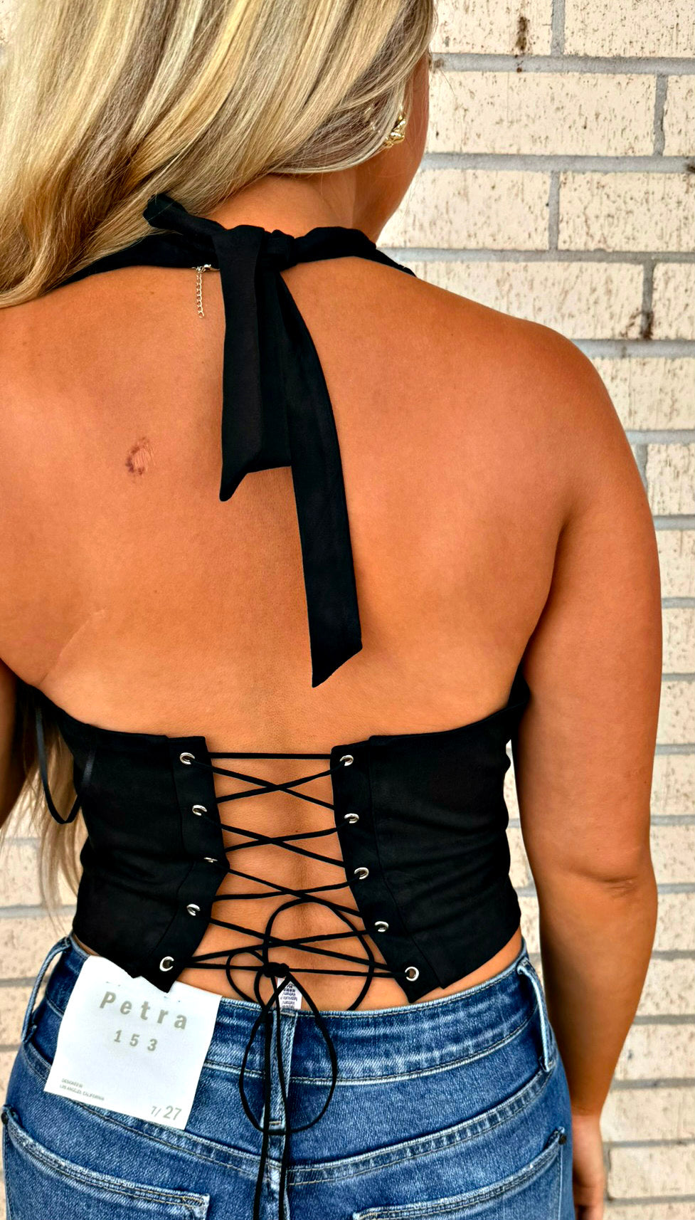Black Lace up back Boot Stitch Top