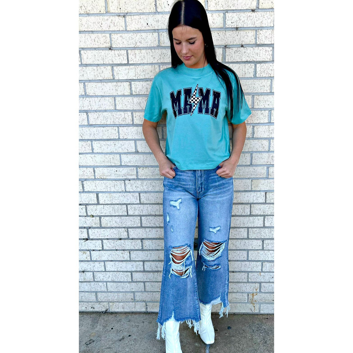 Teal Long Crop Tee Mama Checkered