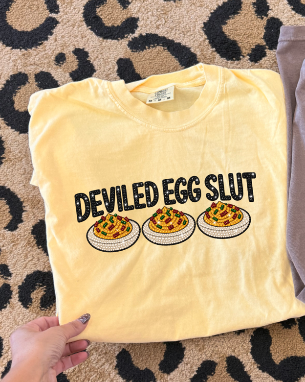 deviled egg slut faux rhinestone tee or sweatshirt