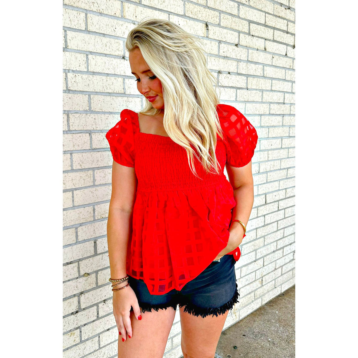 Red smocked top (on or off the shoulder)