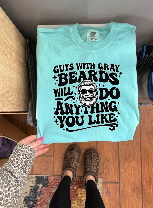 Men with gray in their beard tee or sweatshirt