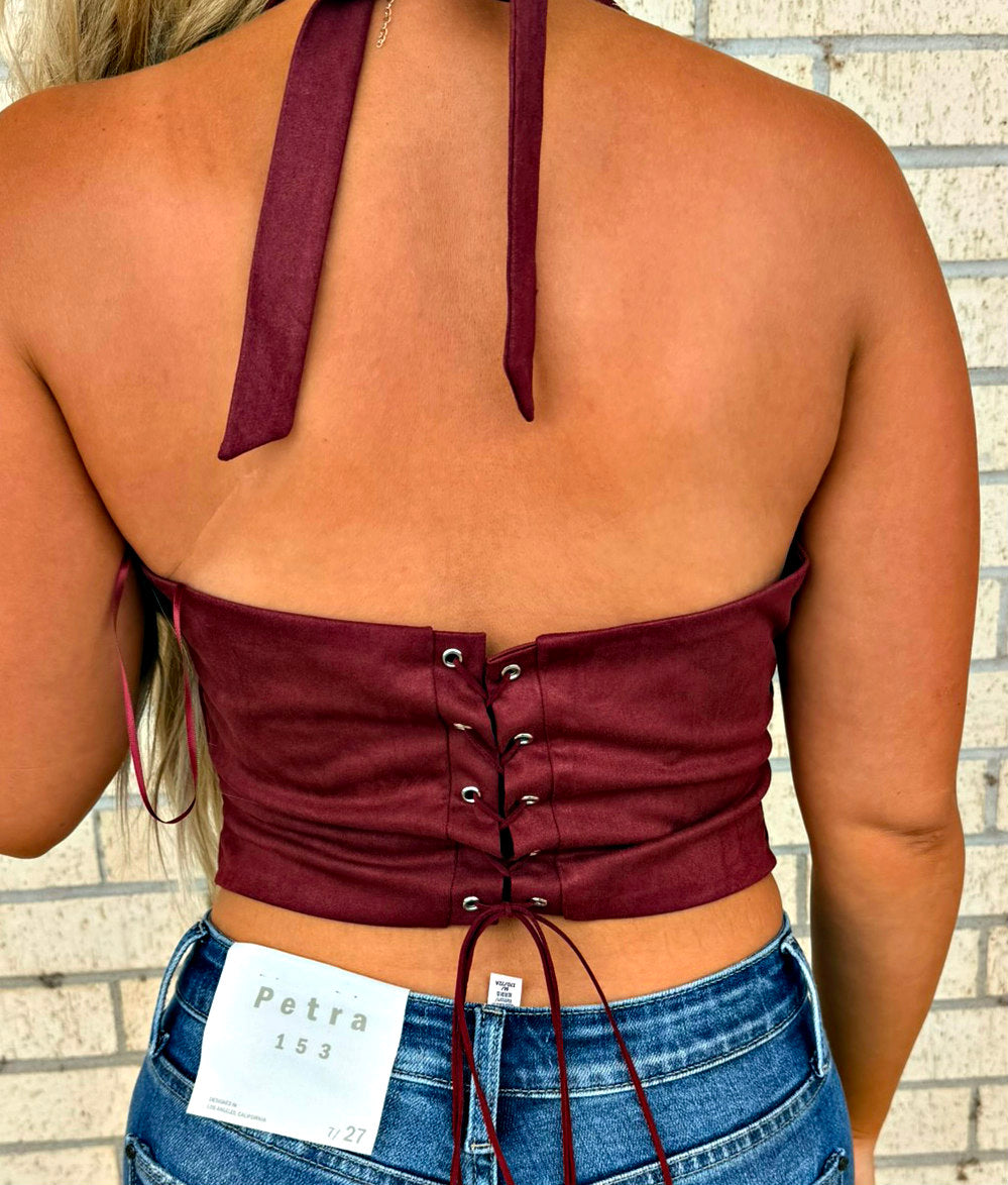 Maroon Lace up back Boot Stitch Top