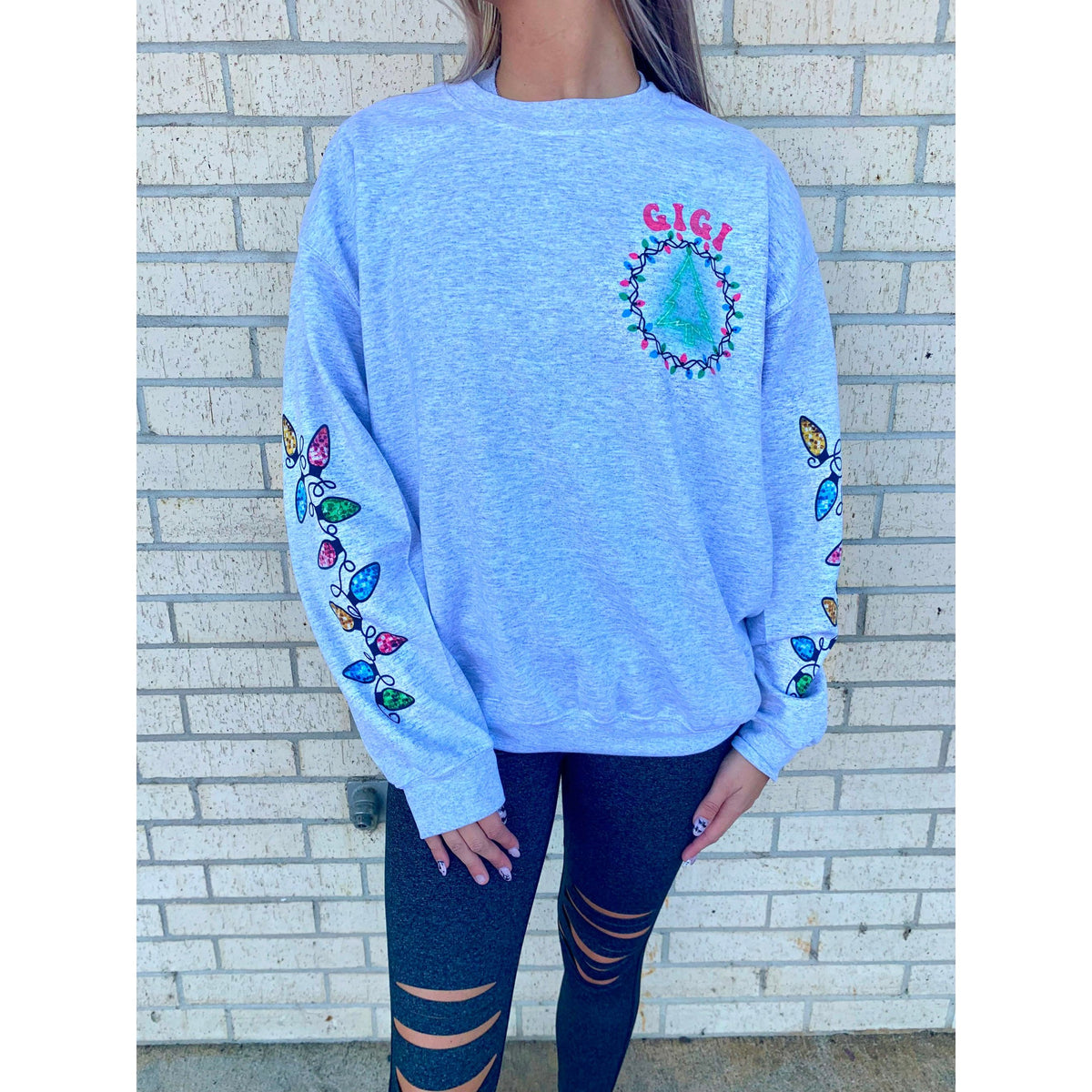 Gigi, Aunt, MAma ( or custom) Christmas Light Sleeve tree glow sweatshirt or long sleeve