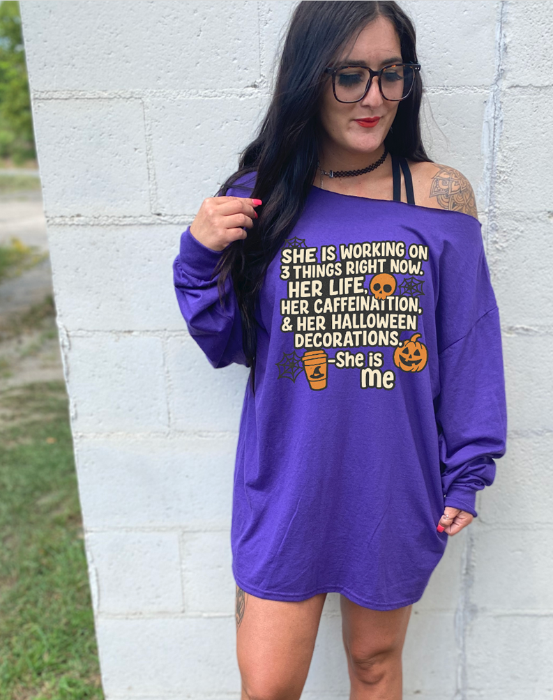 working on three thing halloween tee or sweatshirt