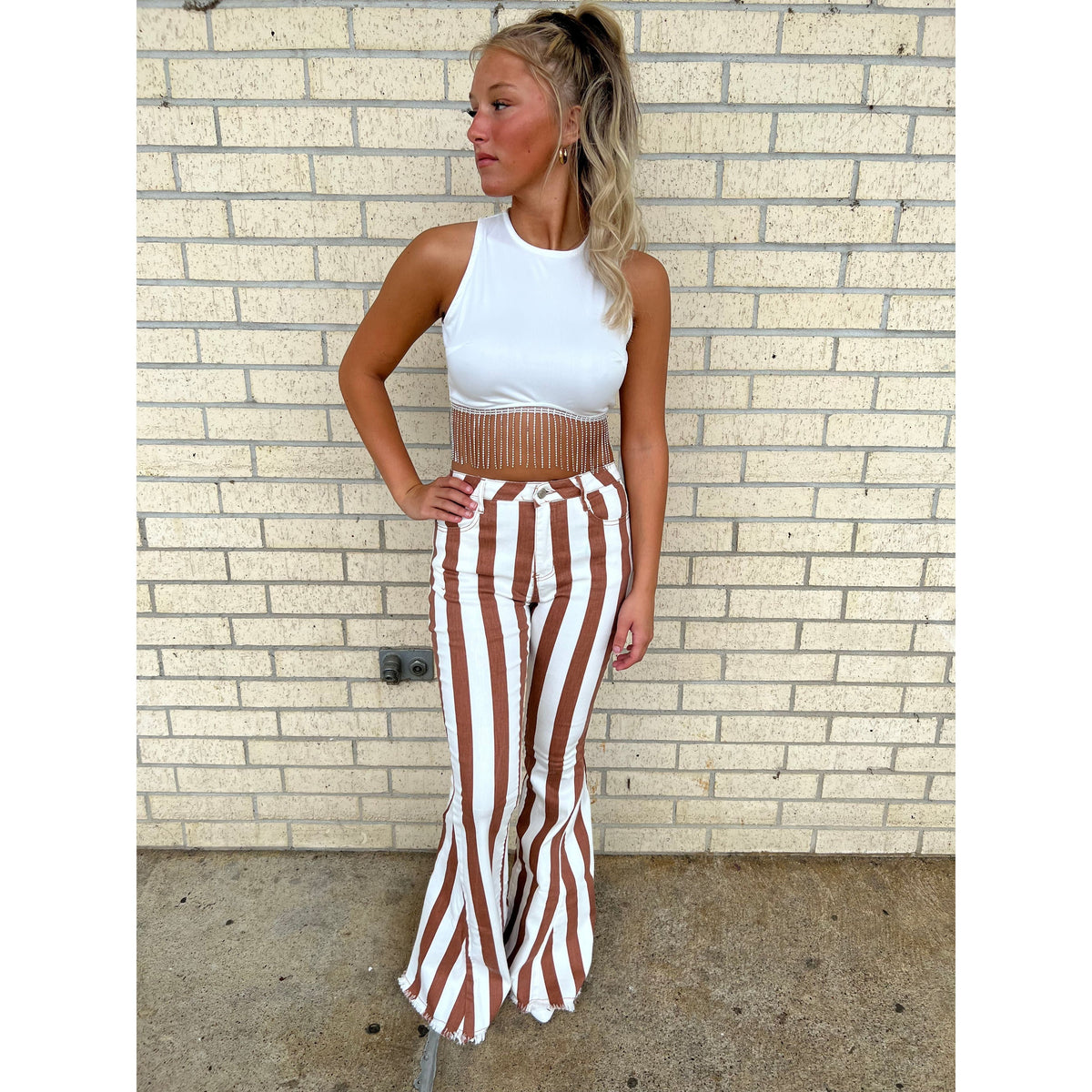 Brown Fall Stripe Tan Flare Jean