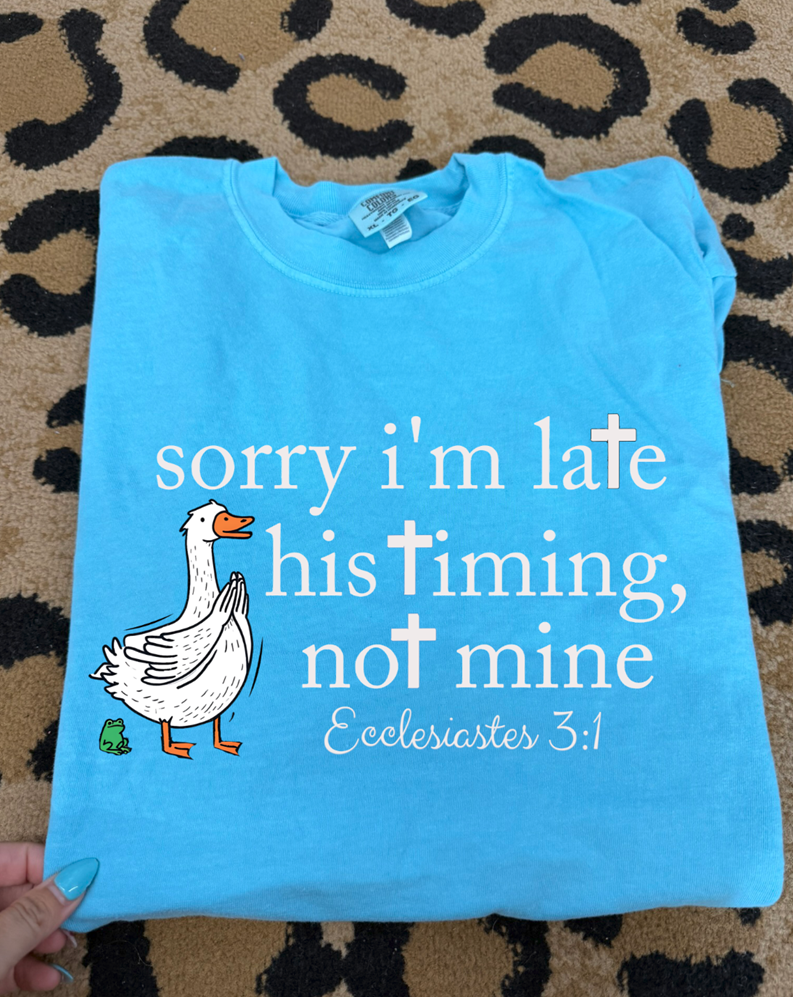 sorry I&#39;m late His timing not mine Christian Tee or sweatshirt