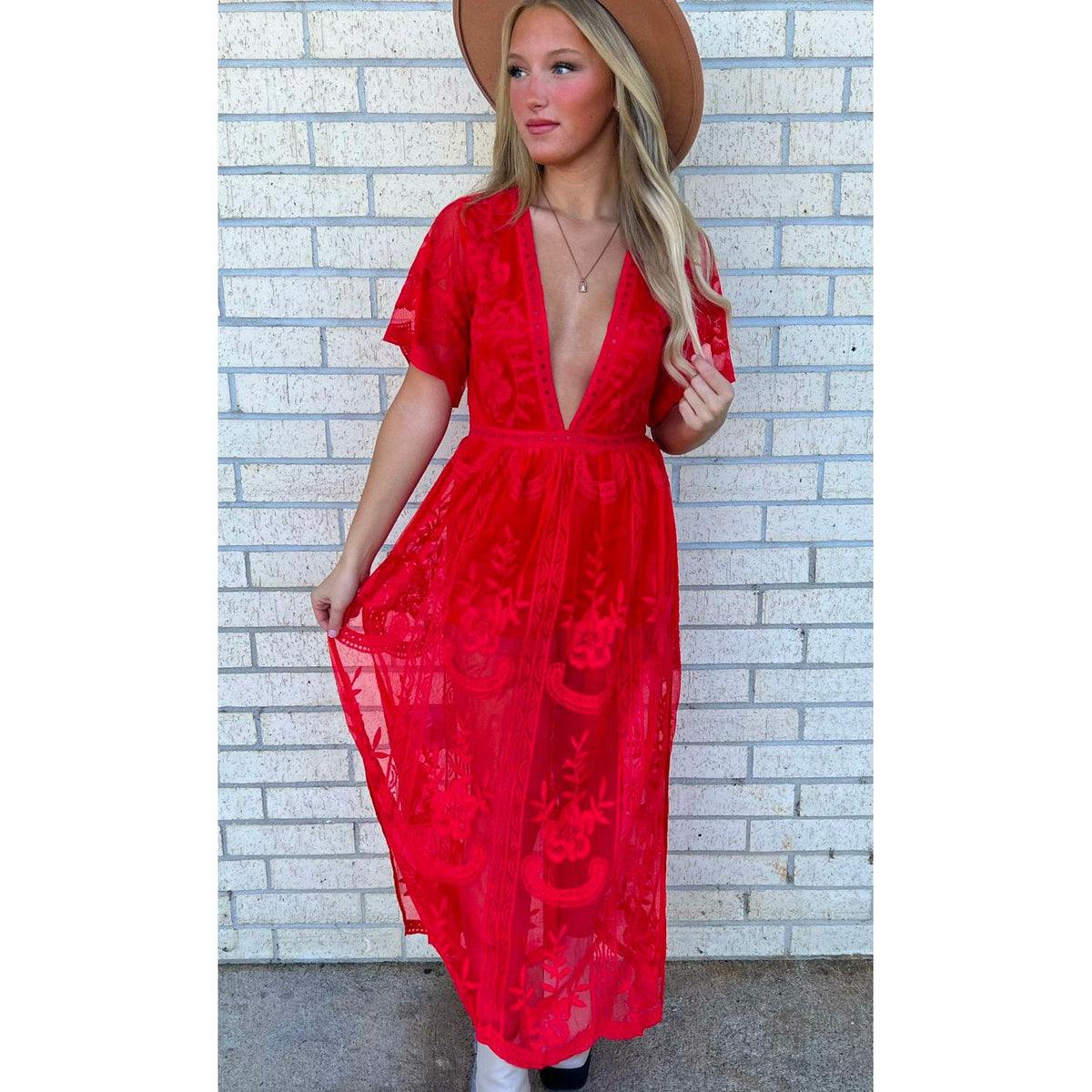 Mia Bright Red Lace Maxi shorts dress