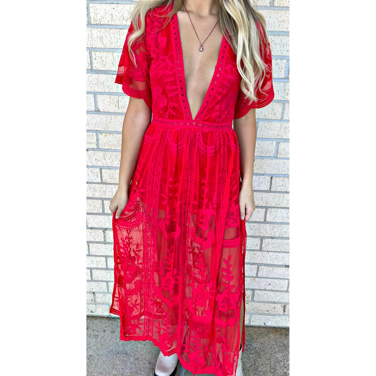 Mia Bright Red Lace Maxi shorts dress