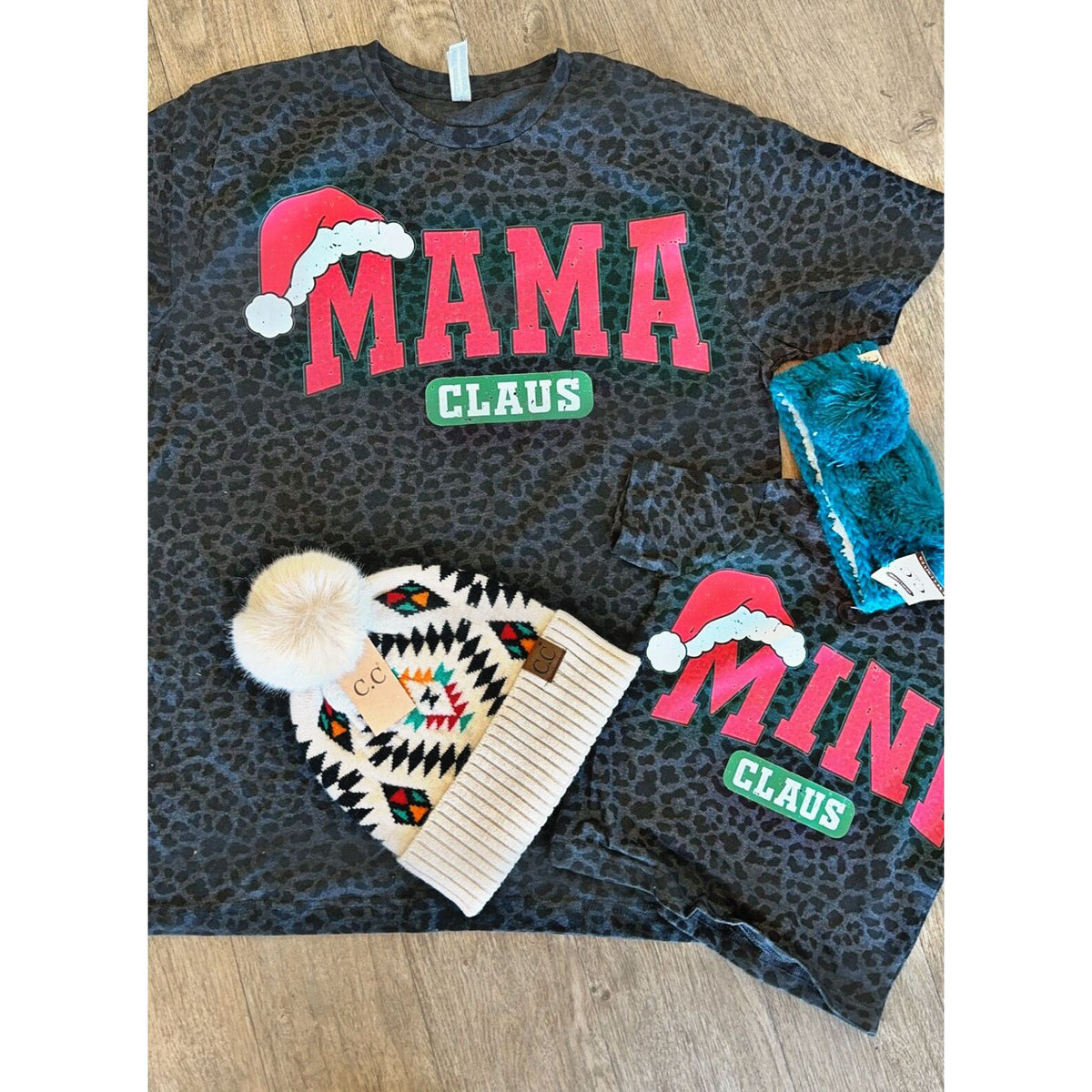 Leopard Christmas Santa mama and Mini tees