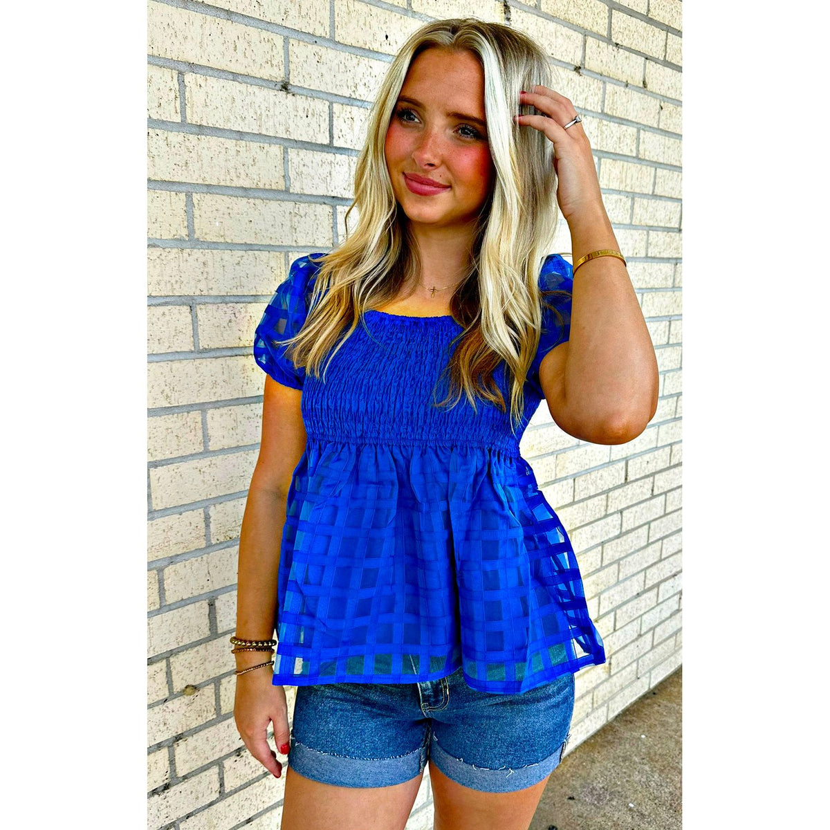 Blue smocked top (on or off the shoulder)