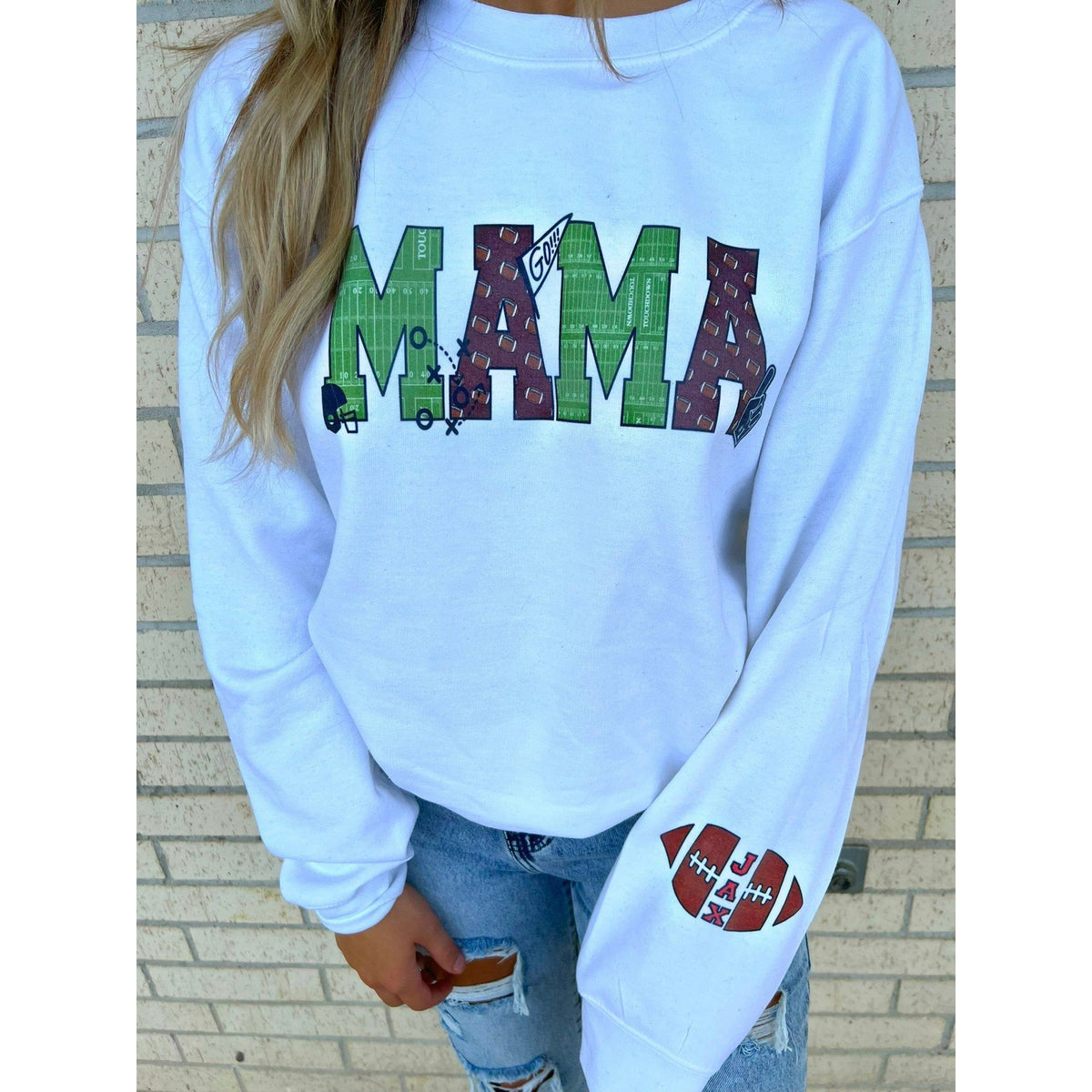 Mama Football with Football Sleeve Custom tee or sweatshirt