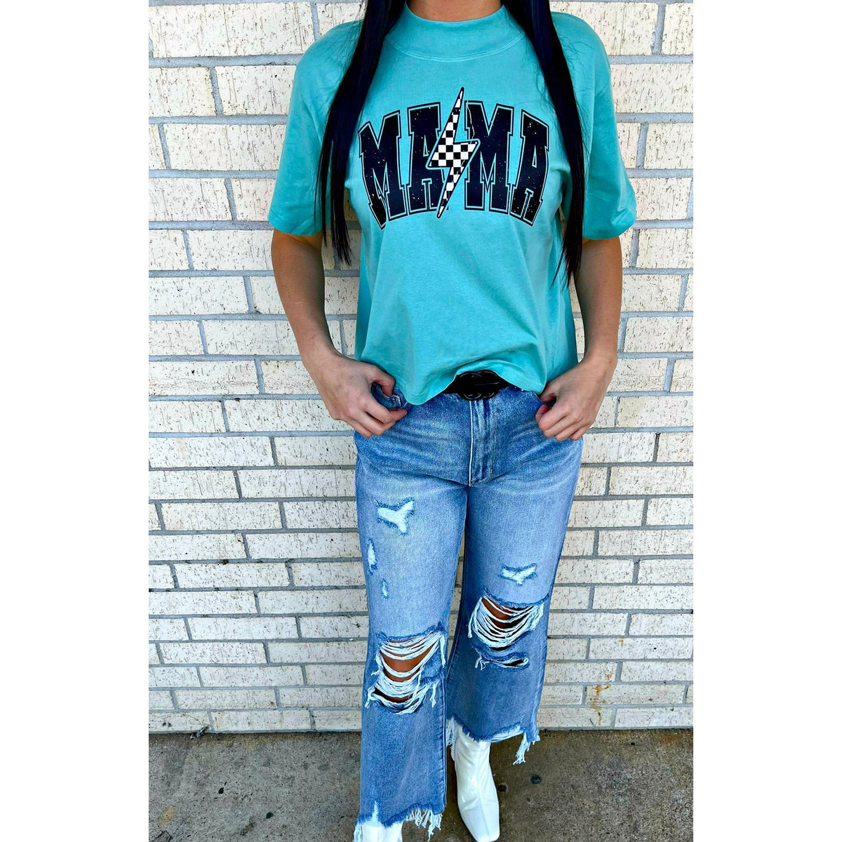 Teal Long Crop Tee Mama Checkered