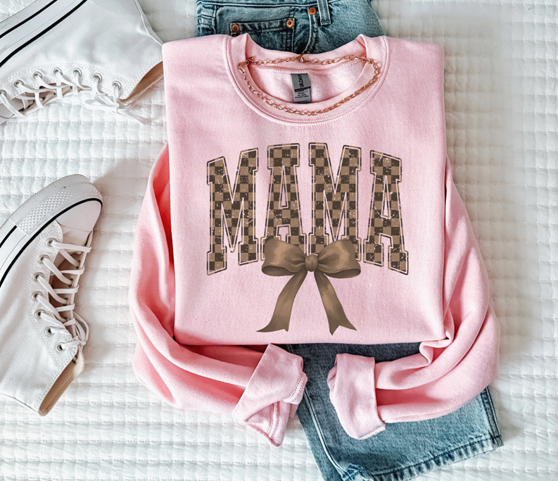 Mama checkered bow tee or sweatshirt