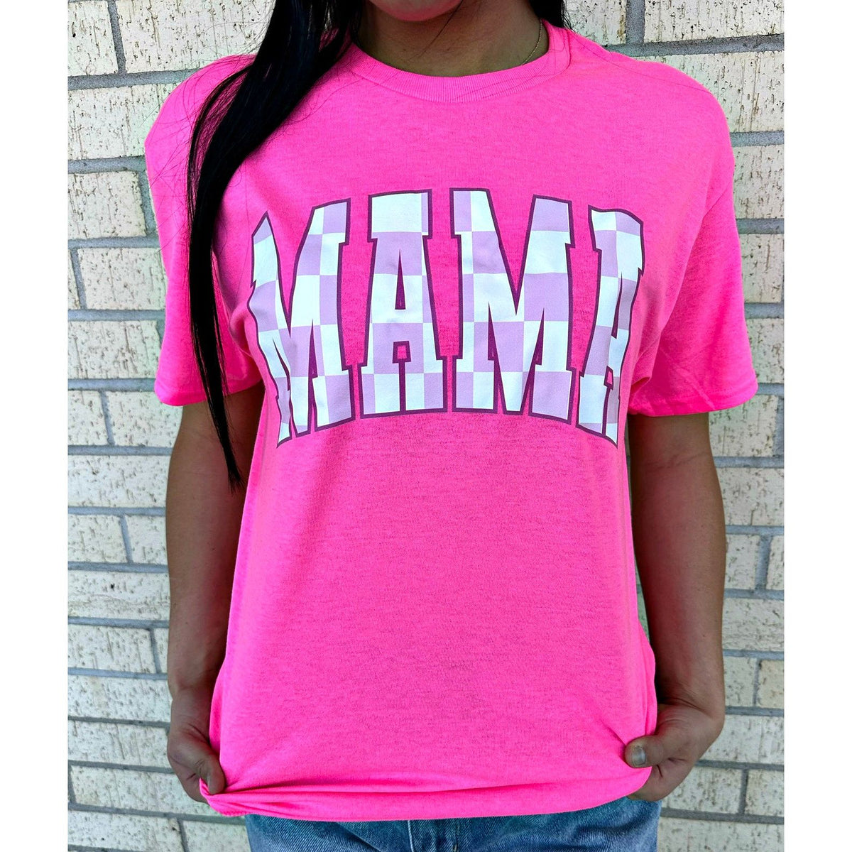 Custom Mama Checkered Tee Pink