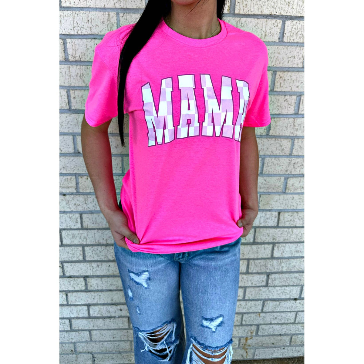 Custom Mama Checkered Tee Pink