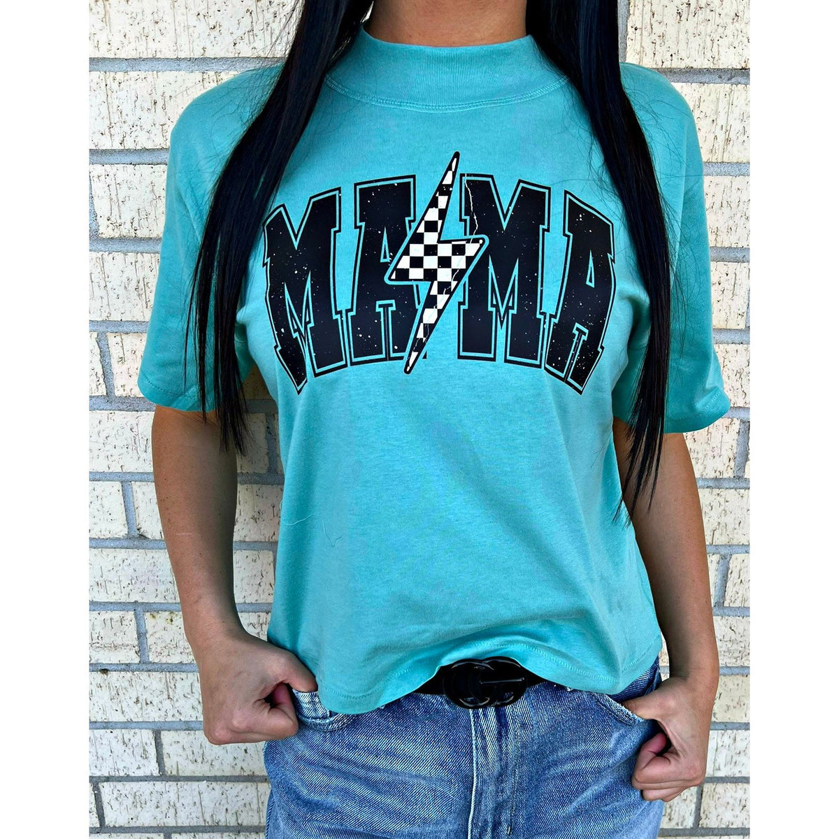 Teal Long Crop Tee Mama Checkered