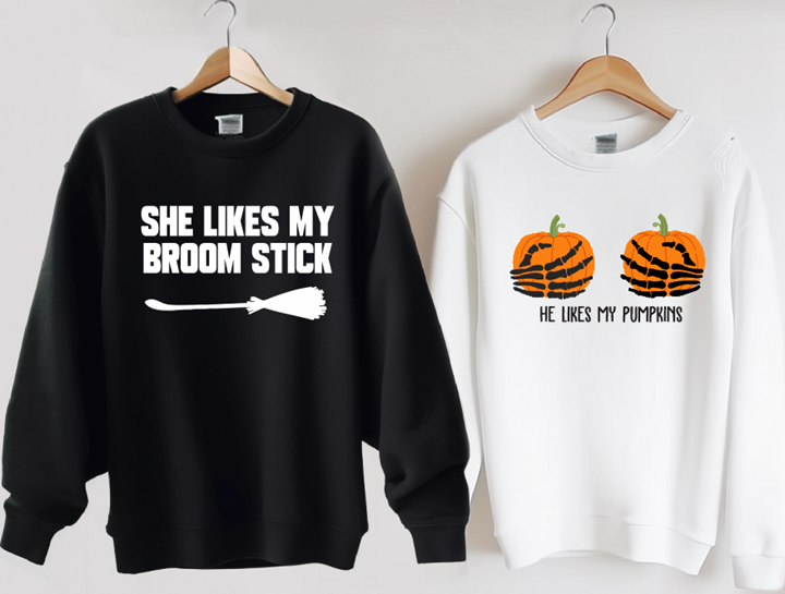 broomstick or pumpkin matching Halloween tee or sweatshirt