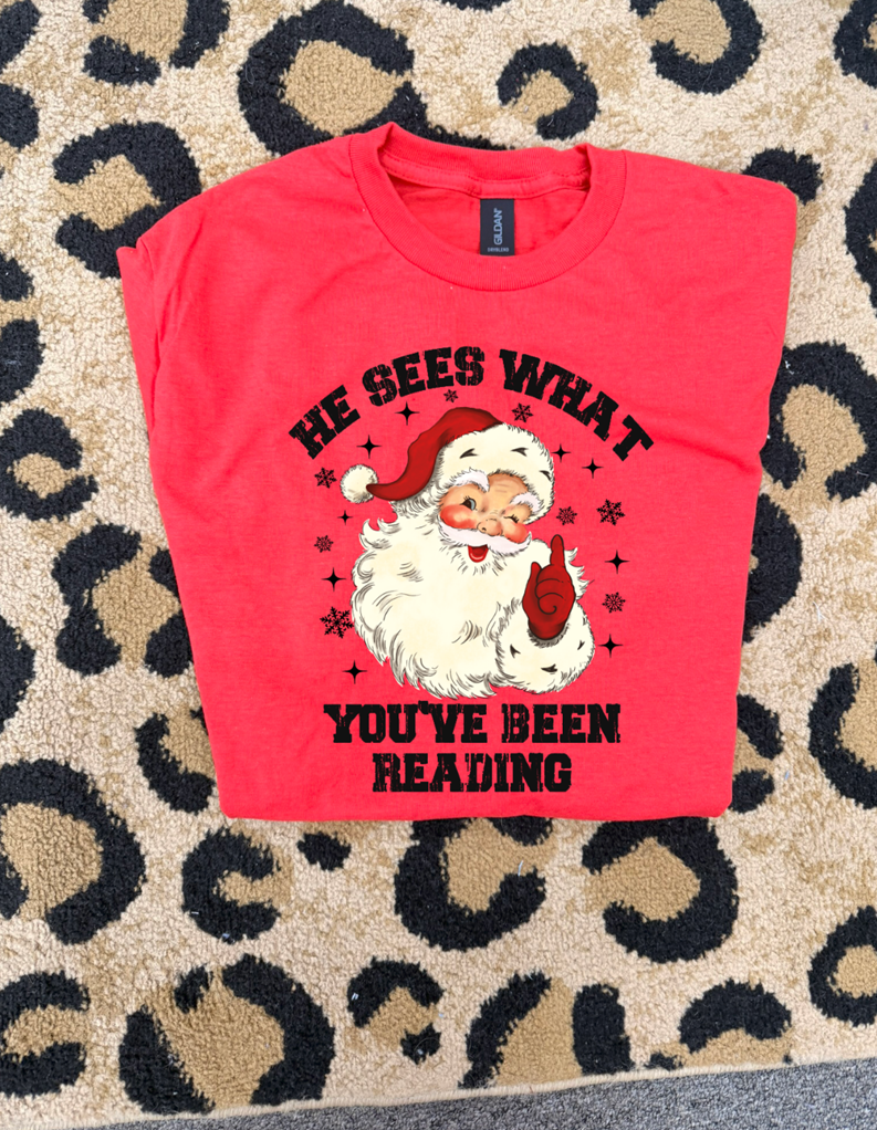 He sees what your reading Christmas tee or sweatshirt