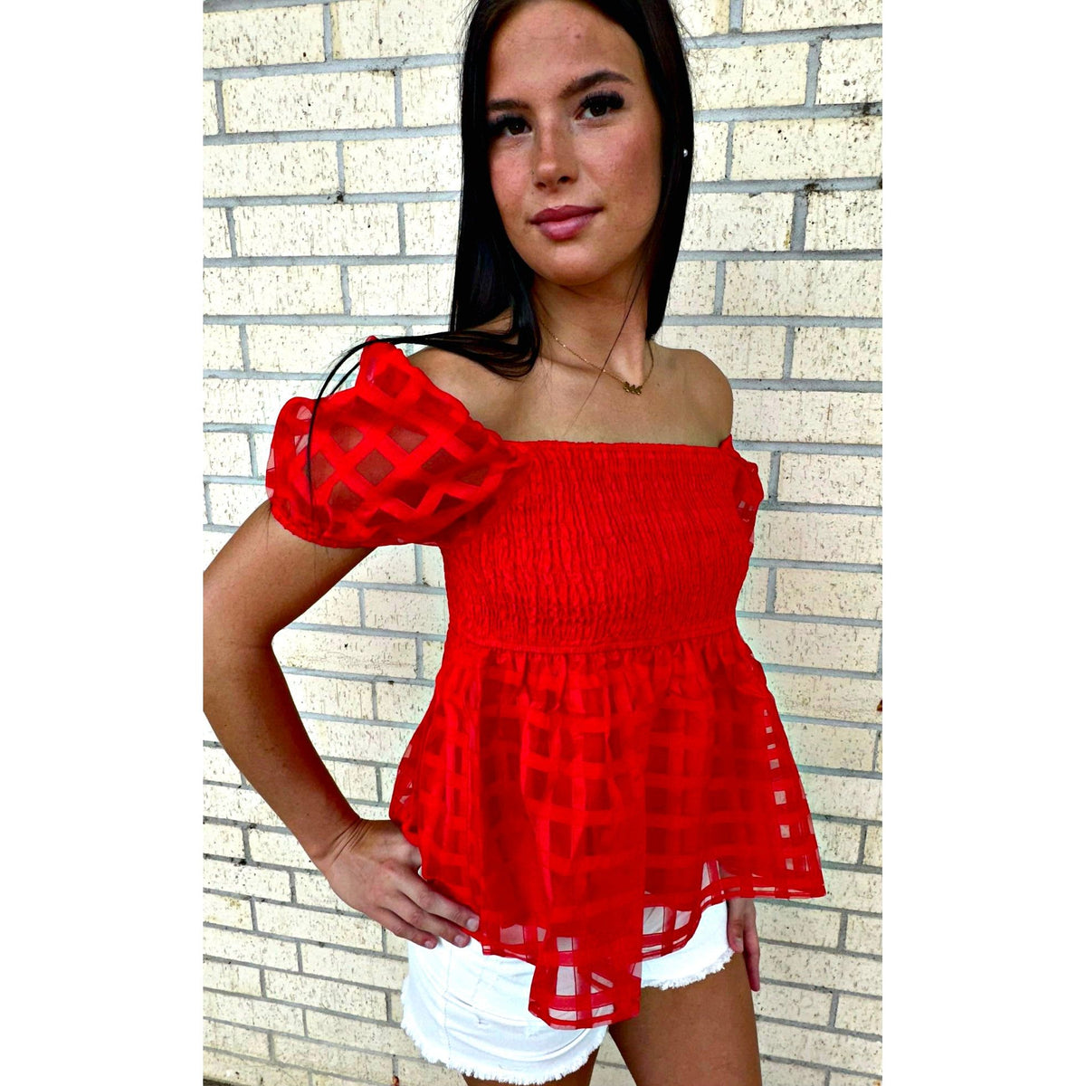 Red smocked top (on or off the shoulder)