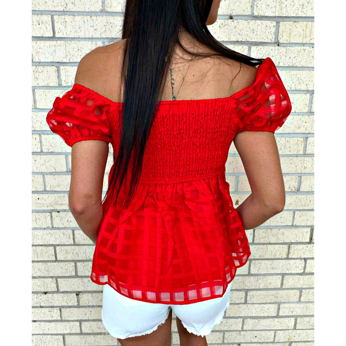 Red smocked top (on or off the shoulder)