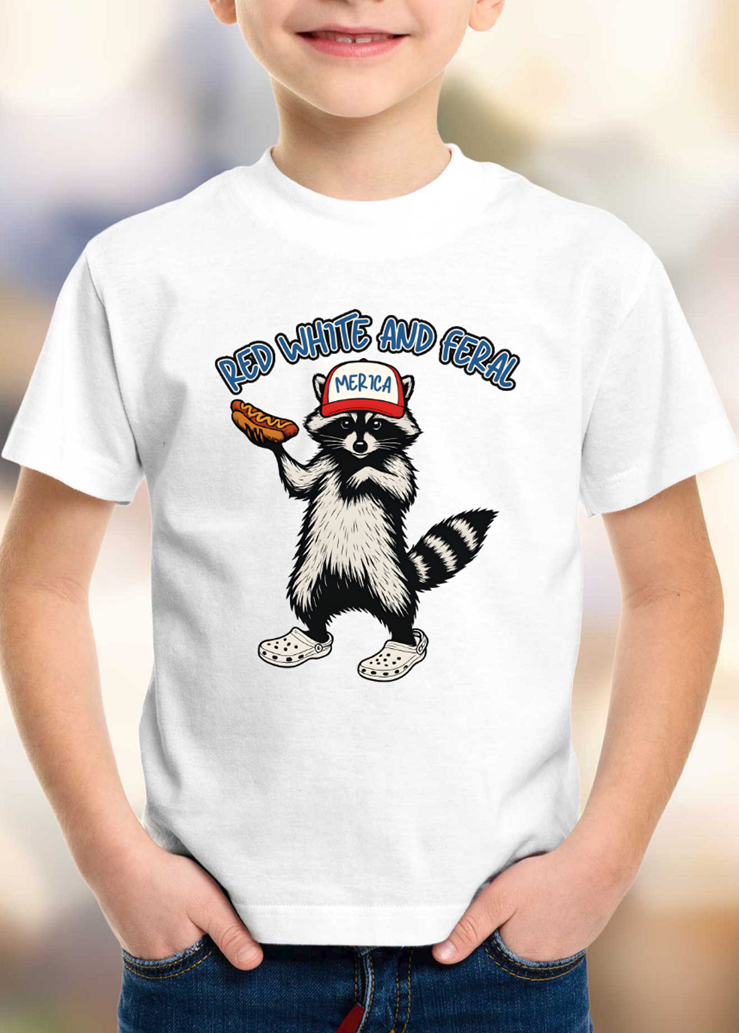 Red white and feral 4th of july racoon boy version Kid or Adult tee