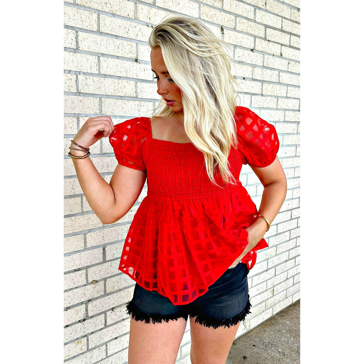 Red smocked top (on or off the shoulder)