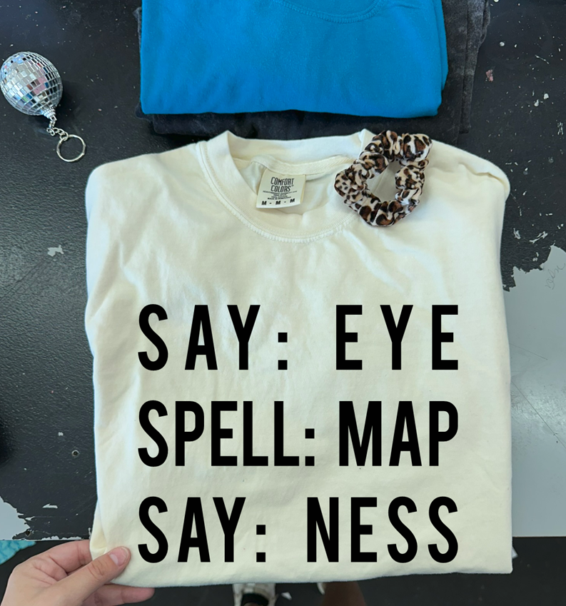 say eye spell map say ness tee or sweatshirt