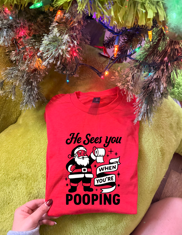 He sees you when you're pooping Christmas tee or sweatshirt