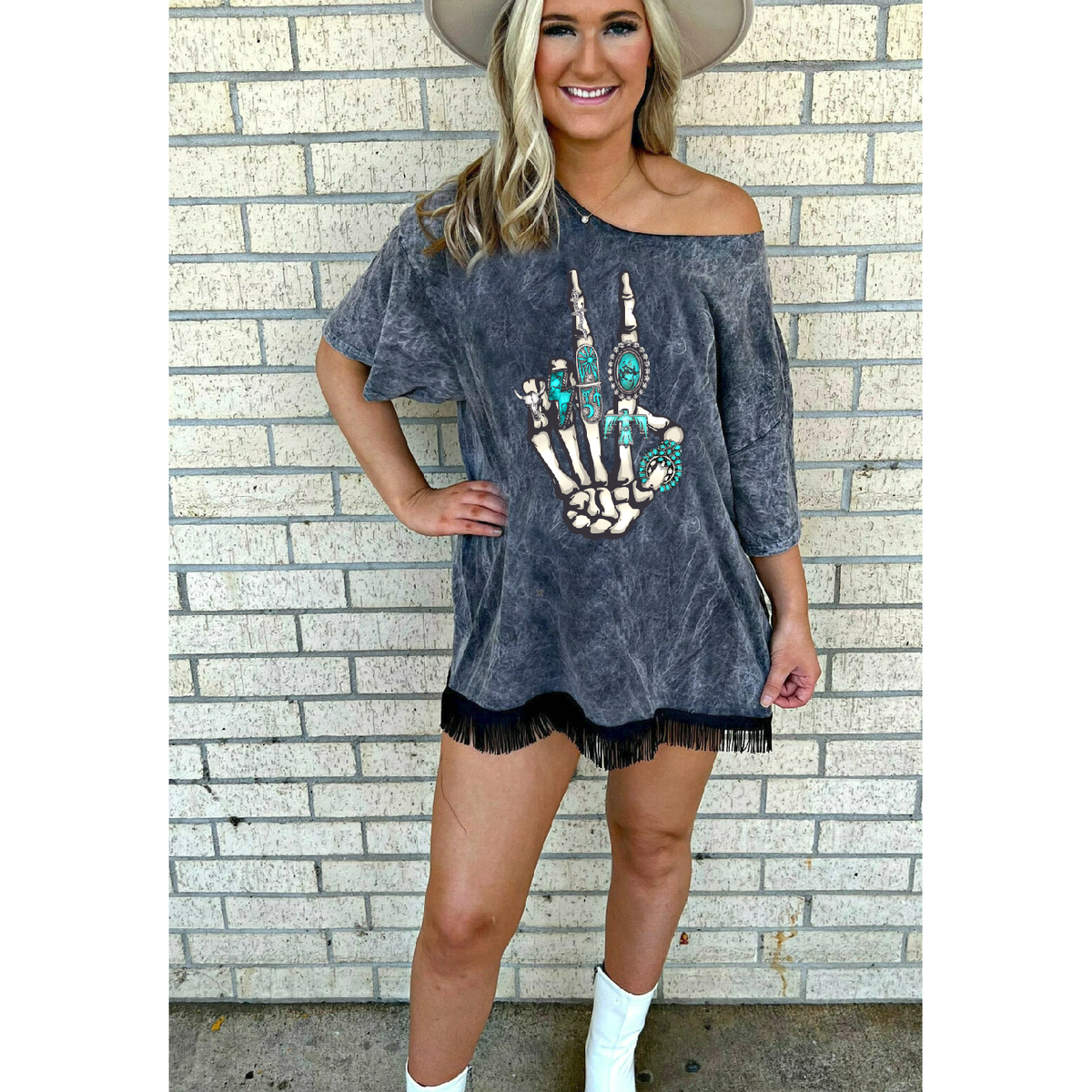 turquoise skeleton hand Fringed T-shirt Dress