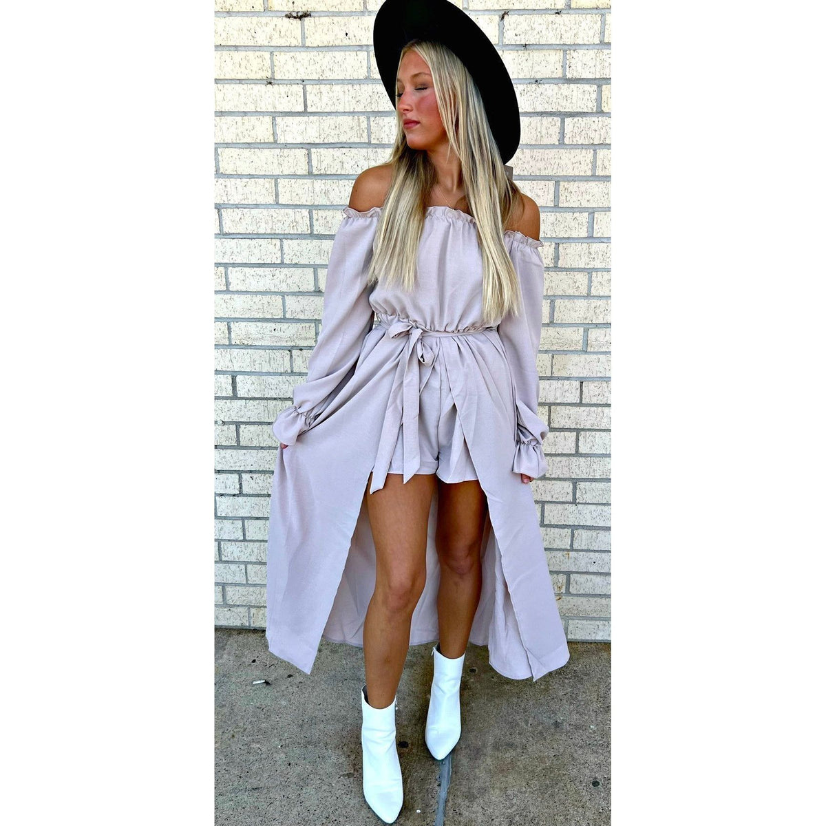 Sweet  Shoulder Tie Front Romper Taupe