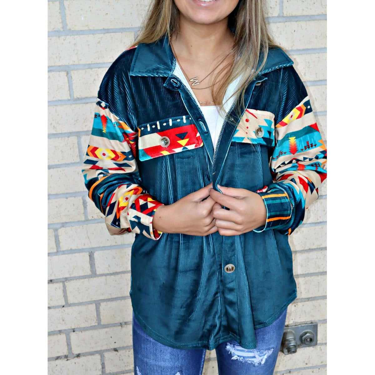 Soft Teal Aztec Button up